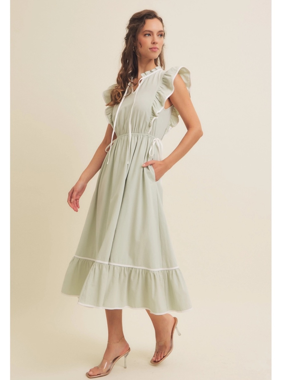 Sleeveless Ruffle Midi Dress in Soft Sage - Picture 5 of 6